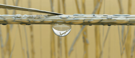 A single drop of water is suspended from a metal bar, defying gravity before it eventually falls. The drop reflects light, emphasizing its round shape.の素材