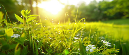 The sun shines brightly through the dense canopy of trees, casting long shadows on the lush green grass below. The interplay of light and shadows creates a mesmerizing pattern on the forest floor.の素材