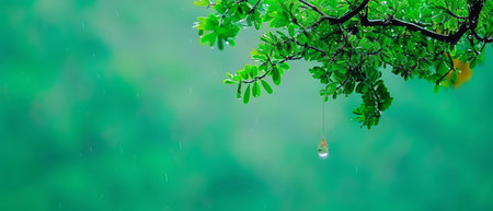 A close-up view of a tree branch with a single drop of water hanging delicately from it. The water droplet glistens in the sunlight, showing the beauty of nature in a simple moment.の素材