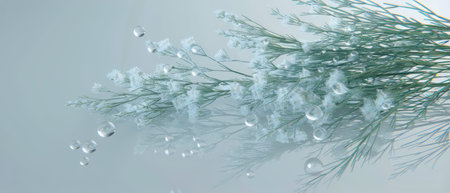 A cluster of water drops glistens on the green leaves of a plant, reflecting light in a mesmerizing pattern. The drops appear to be clinging to the surface, showing the cohesive force of water molecules.の素材