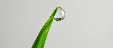 A single drop of water rests delicately on a vibrant green blade of grass, refracting light and showing the delicate balance of nature. The spherical droplet glistens in the sunlight, highlighting the beauty and life-giving properties of water in the natural world.の素材