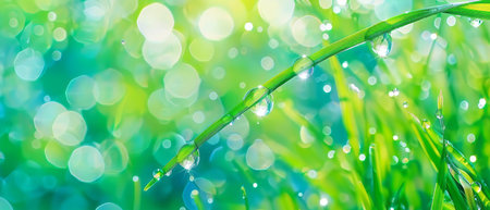 A detailed view of fresh green grass blades covered in tiny water droplets, reflecting light and creating a glistening effect. The water drops appear like jewels on the blades, emphasizing the beauty of natures intricate details.の素材