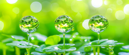 Three glass balls are placed on top of a lush green plant, creating a unique and visually interesting composition. The glass balls reflect the light, adding a subtle sparkle to the scene.の素材