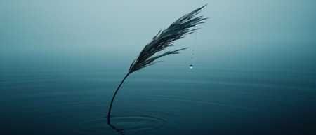 A green plant is seen floating on the surface of a body of water. The plants leaves are partially submerged, gently swaying with the movement of the water.の素材