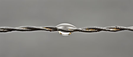 Close-up view of a single crystal-clear water droplet hanging delicately from a taut, textured rope. The drop glistens in the light, highlighting the intricacies of the fiber.の素材