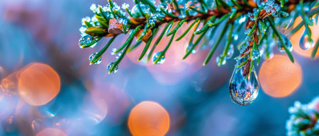A close-up view of a pine branch with a single drop of water hanging from its tip. The drop glistens under the sunlight, reflecting the surrounding greenery.の素材