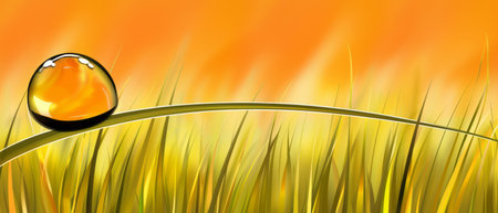 A single drop of water is delicately perched on top of a slender blade of grass, reflecting the surrounding light. The droplet appears spherical and clear, contrasting against the green hue of the grass.の素材