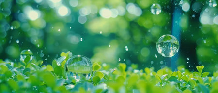 A bubble hovers in the air, gently drifting above a vibrant green field. The bubbles transparent surface reflects the surrounding landscape, creating a striking contrast against the lush vegetation below.の素材