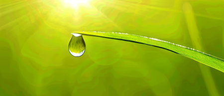 A single clear drop of water rests delicately on the vibrant green surface of a leaf. The drop glistens under the sunlight, reflecting the surroundings in a miniature form.の素材