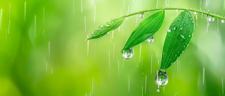 A green leaf covered in water drops, hanging delicately in the sunlight. The drops glisten as they cling to the leafs surface, reflecting the surroundings in miniature form.の素材