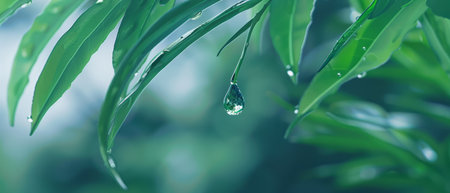 A single droplet of water hangs from a vibrant green leaf, reflecting the surrounding environment in its clear surface.の素材