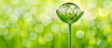 A single water drop rests delicately on top of a vibrant green leaf of a healthy plant, refracting light and showing the beauty of natures small details. The droplet appears spherical and clear, reflecting the surroundings.の素材