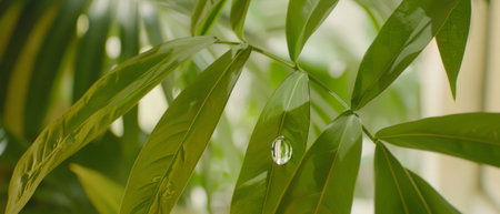 A close-up view of a green plant with water drops hanging from its leaves, reflecting the light. The droplets glisten against the leafs surface, showing the plants lush and vibrant appearance.の素材