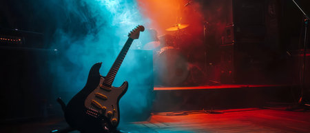 A guitar is positioned on a stage, bathed in the bright light of a spotlight. The instrument is the focal point of the setting, drawing attention to its shape and details.の素材