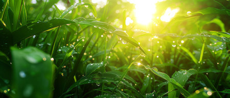 The suns rays filter through the blades of grass, creating a warm and vibrant scene of sunlight illuminating the natural greenery.の素材