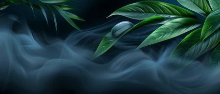 A realistic painting of thick green plant leaves gracefully floating on the surface of clear water. The vibrant green hues stand out against the calm blue water, creating a peaceful and serene scene.の素材