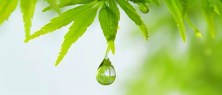 A single drop of water is suspended from a vibrant green leaf. The drop glistens in the light, showing the leafs texture and intricate veins. Gravity seems to barely hold the drop, creating a moment of delicate balance.の素材