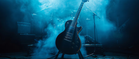 A guitar is placed on a stand in front of a microphone. The setup conveys a musician preparing to play or record music. The guitar appears ready to be picked up and played.の素材