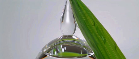 A single drop of vibrant green liquid rests delicately on a lush green leaf, creating a striking contrast. The liquid glistens under the light, showing its translucent quality and reflecting the leafs texture. The droplet appears suspended in a moment of balance and stillness, ready to either cling to the leaf or fall off.の素材