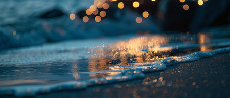 Close-up view of a wet surface reflecting ambient lights in the background. The water droplets create a shimmering effect, enhancing the texture and depth of the image. The lights in the background add a dynamic visual element to the scene, creating a striking contrast between the illuminated background and the dark, wet surface.の素材