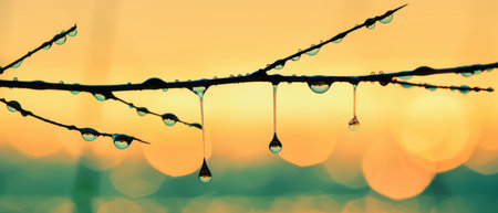 A tree branch covered in water drops hangs down, reflecting the surrounding environment. The drops glisten in the sunlight, creating a beautiful and refreshing sight in nature.の素材