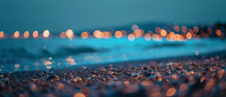 A blurry view of a beach at night, with dimly lit beach chairs, distant waves crashing, and a hazy moonlight glow on the water. Stars twinkling in the dark sky add to the mysterious ambiance.の素材