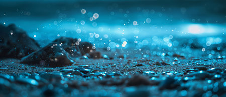 Close up view of small, translucent water droplets scattered on the ground, reflecting light and creating a glistening effect. The droplets appear round and varied in size, with some merging together.の素材
