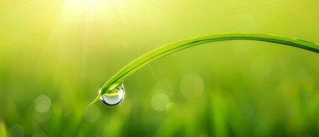 A single droplet of water rests delicately on a blade of vibrant green grass, reflecting the surrounding environment in its spherical form. The droplet appears crystal clear against the lush backdrop, highlighting the beauty of natures simple wonders.の素材