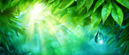 This painting depicts vibrant green leaves with water drops glistening on their surface. The droplets appear to be freshly fallen, adding a sense of freshness to the scene.の素材