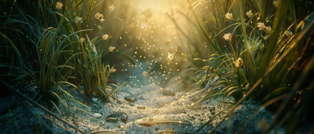 A stream of water means through a lush landscape dotted with vibrant flowers and tall grass. The water glistens under sunlight as it moves gently along its course.の素材