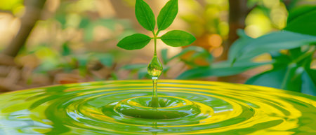 A small green plant is seen sprouting from a single drop of water, showing the beauty of natures cycle of growth and sustenance. The plant appears vibrant and healthy, symbolizing the resilience of life even in small, delicate forms.の素材