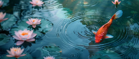 A koi fish gracefully swims among the vibrant green lily pads in a peaceful pond. The fishs colorful scales contrast beautifully with the calm waters as it navigates through the aquatic plants.の素材