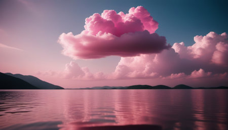 A pink cloud floats in the sky over a body of water, creating a soft and ethereal contrast against the blue tones of the sky and the water. The cloud appears light and fluffy, blending seamlessly with the natural surroundings.の素材
