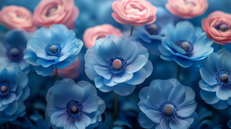 A cluster of vibrant blue and pink flowers with striking pink centers, creating a beautiful and colorful display in a natural setting.の素材