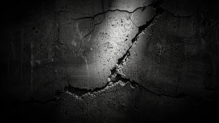 A single spotlight illuminates a cracked and weathered concrete wall. The light casts a sharp shadow on the surrounding area, highlighting the texture and age of the wall. The cracks are prominent, suggesting years of wear and tear.の素材