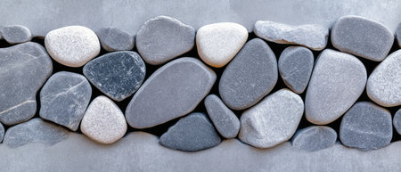 Smooth river stones in various shades are arranged neatly for landscape design.の素材
