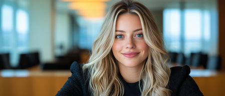 A young woman with long wavy hair exudes confidence in a contemporary office setting.の素材