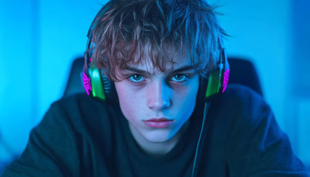 Young male gamer intensely engages with his gaming setup in a blue-lit space.の素材