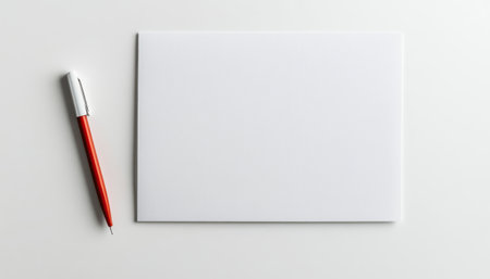 A red pen and blank notepad sit ready for thoughts and creativity on a smooth surface.の素材