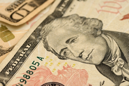 American Ten Dollar Bills Close Up