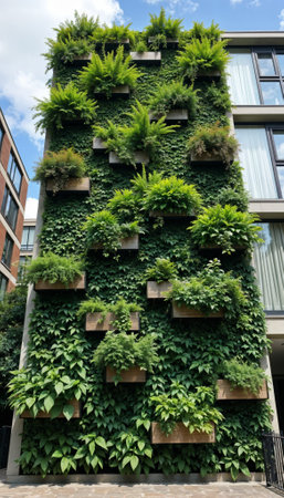 Green ivy on the wall of a modern building.の素材