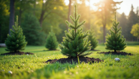 Small Christmas tree on green grass in the park at sunset. Concept of Christmas and New Year.の素材