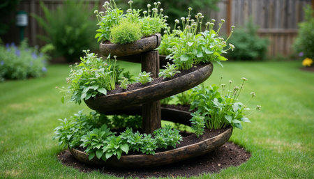 Garden decoration with fresh herbs and plants in pots on green grassの素材