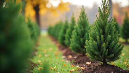 Young pine trees in the garden. Selective focus. Nature.の素材
