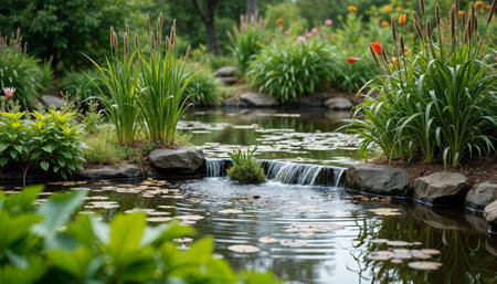 Beautiful flower garden with pond and green plants in the summer.の素材