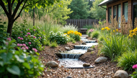 Beautiful landscaped garden with waterfalls and blooming flowers.の素材