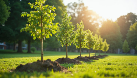 Young green trees growing in the park at sunset. Nature background.の素材