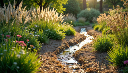 Flowerbed in the garden at sunset. Spring landscape with flowers.の素材