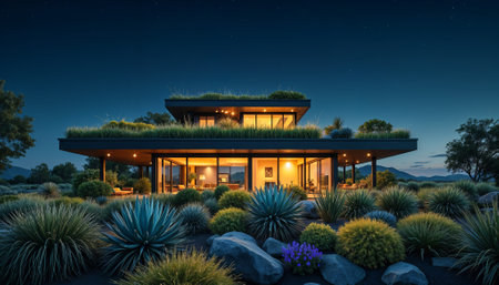 3d rendering of modern cozy house with pool and parking for sale or rent with beautiful landscaping on background. Clear summer night with many stars on the sky.の素材