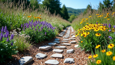 Garden path with lavender flowers and mountains in background, summer landscapeの素材